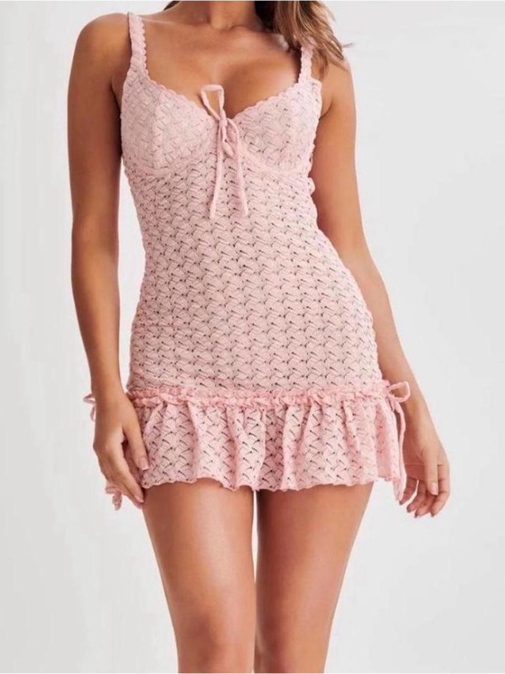 Meshki Blush Pink Crochet Lace Chemise with Ruffle Hem